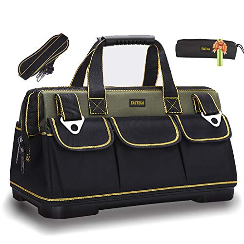 FASTECH 20-inch Wide Mouth Tool Bag with Water Proof Molded Base，Wide Mouth Tool Tote Bag,Waterproof Tool Organizer Bag for Men with Adjustable FASTECH