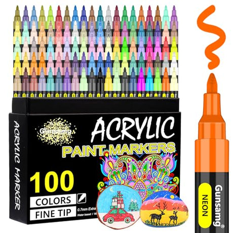Gunsamg 100 Colors Acrylic Paint Pens for Rock Painting, Acrylic Paint Markers for Glass Wood Stone Ceramic Fabric Metal Canvas Card Making… Gunsamg