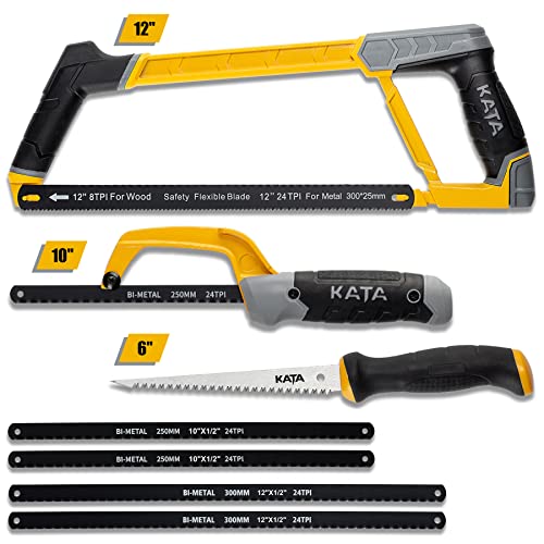 KATA Hacksaw Frame Set, 12" Hacksaw Frame, 10'' Mini Hacksaw and Drywall Saw/Jab Saw, Including 4pc Extra Flexible Bi-Metal HSS Blades, Handsaw for