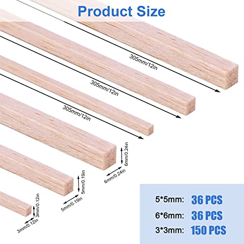 222 Pieces Wood Strips Balsa Square Wooden Dowels 1/8 Inch, 3/16 Inch, 1/4 Inch, Square Dowel Rods 12 Inch Hardwood Unfinished Wood Sticks for Crafts Piklodo