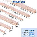 222 Pieces Wood Strips Balsa Square Wooden Dowels 1/8 Inch, 3/16 Inch, 1/4 Inch, Square Dowel Rods 12 Inch Hardwood Unfinished Wood Sticks for Crafts Piklodo