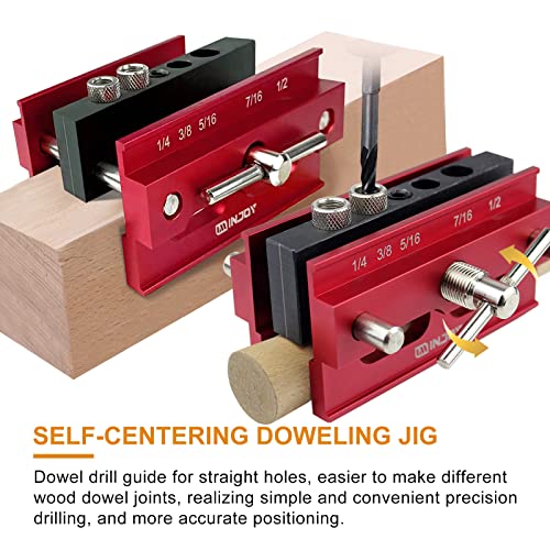 IMINJOY Self Centering Dowel Jig, Wood Dowel Drill Guide Tool with Step Drill Guide Bushings Set, Biscuit Joiner Woodworking Tools Drill Jig for