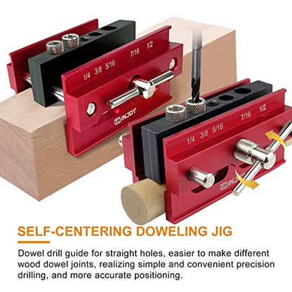 IMINJOY Self Centering Dowel Jig, Wood Dowel Drill Guide Tool with Step Drill Guide Bushings Set, Biscuit Joiner Woodworking Tools Drill Jig for