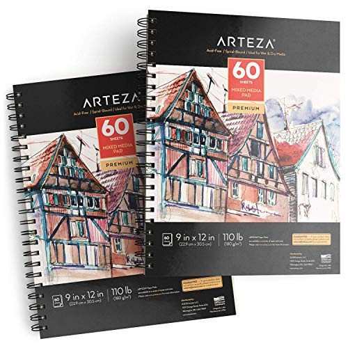 ARTEZA Mixed Media Sketchbooks, Pack of 2, 9 x 12 Inches, 60-Sheet Drawing Pads, 110lb/180gsm Acid-Free Paper, Micro-Perforated, Spiral-Bound, Art