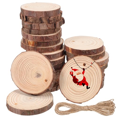 KALLORY 25pcs Natural Wood Slices 2-3 inch Thick Unfinished Wood kit Predrilled with Hole Rope Wooden Circles for Arts Wood Slices Christmas KALLORY