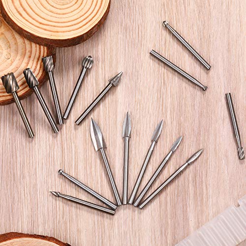 Honoson 15 Pieces Wood Carving and Engraving Drill Bit Set, Including Engraving Drill Accessories Bit and HSS Carbide Wood Milling Burrs for DIY