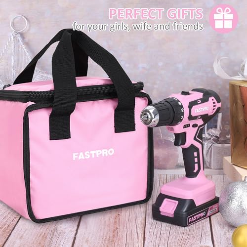 FASTPRO Pink Drill Set—20V Max Lithium-ion Cordless Drill Driver Set, 3/8 in. Drill Driver kit with One 1.5 Ah Batteries, Charger and Tool Bag FASTPRO