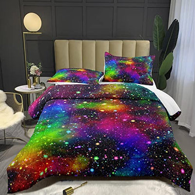 Bodhi Rainbow Galaxy Comforter Set Queen Size for Children Teens Boys Girls Kids Galaxy Bedding Set Colorful Night Sky Stars Comforter Set 3 Pieces