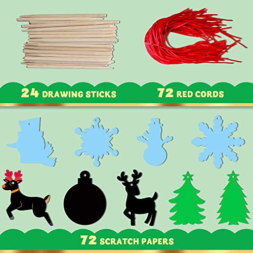 JOYIN Rainbow Color Scratch Christmas Ornaments, 72 Pack Craft Kit Toys Include Snowman, Snowflakes, Christmas Tree, and Reindeer JOYIN