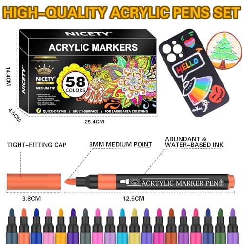 NICETY 58 Colors Acrylic Paint Pens Paint Markers, 3mm Medium Tip Point Acrylic Paint Pens for Rock Painting, Canvas, Wood, Ceramic, Glass, Stone,