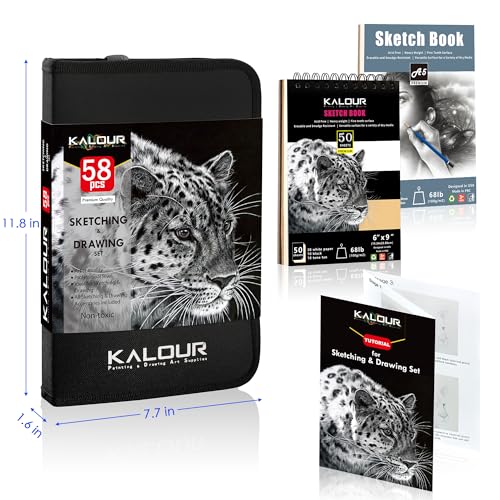 KALOUR 58 Pack Drawing Set Sketch Kit, Sketching Supplies with 3-Color Sketchbook,Graphite & Charcoal Pencils,A5 SketchBook,Tutorial, Pro Art Drawing - WoodArtSupply