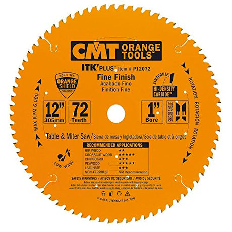 CMT P12072 ITK Plus Finish Saw Blade, 12 x 72 Teeth, 10° ATB+Shear with 1-Inch bore CMT