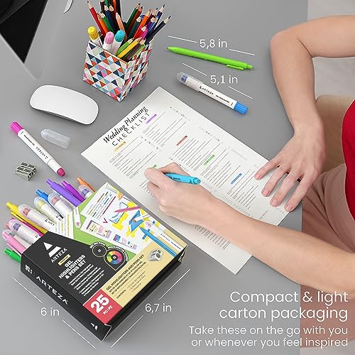ARTEZA Gel Highlighters & Black Pens Set, Pack of 24 with Sharpener, Smudge-Free, Essential Office and School Writing Supplies, for Bibles, Books, ARTEZA