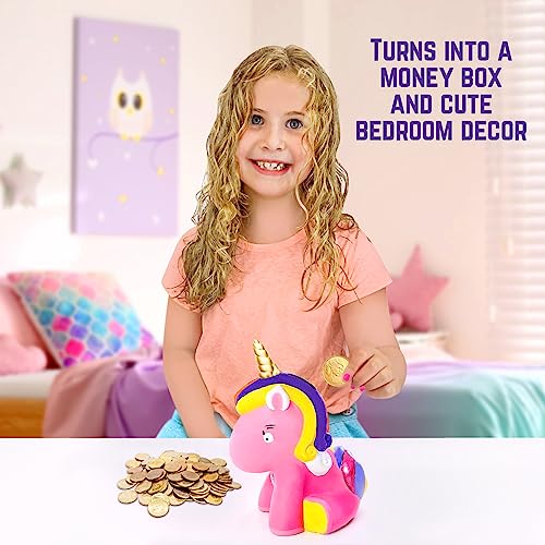 GirlZone Paint Your Own Unicorn Piggy Bank for Girls, Paint a Cute Unicorn with Cool Metallic Paints, Great Craft Kit for Kids and Fun Gift Idea GirlZone