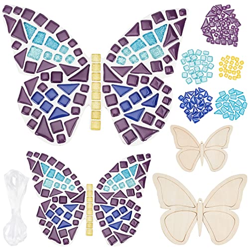 WEBEEDY Make 2 Butterfly Glass Mosaic Kit Creativity DIY Mosaic Glass Kit for Kids Adults Include Glass Mosaic Tiles, Wooden Chips, Ribbon WEBEEDY