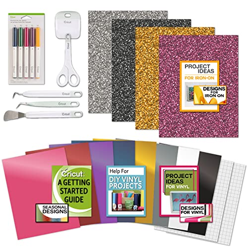 Cricut Vinyl Sheets and Glitter Iron-On with Essential Tool Set and Pens Bundle - Craft Cutting Machine Variety Materials Pack, Beginner Vinyl - WoodArtSupply