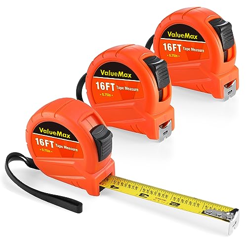 ValueMax Tape Measure 16FT with Fractions 1/8, 3 Pack Retractable Easy Read Measuring Tape, Imperial Pocket Measurement Tape with Metal Belt Clip for - WoodArtSupply