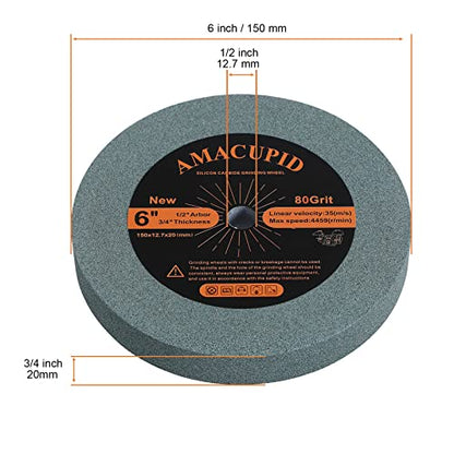 AmaCupid Bench Grinding Wheel 6 inch, for Sharpening Hard Alloy Tools, Products of Non-Metallic Materials. Green Silicon Carbide Abrasive. 1/2 Inch