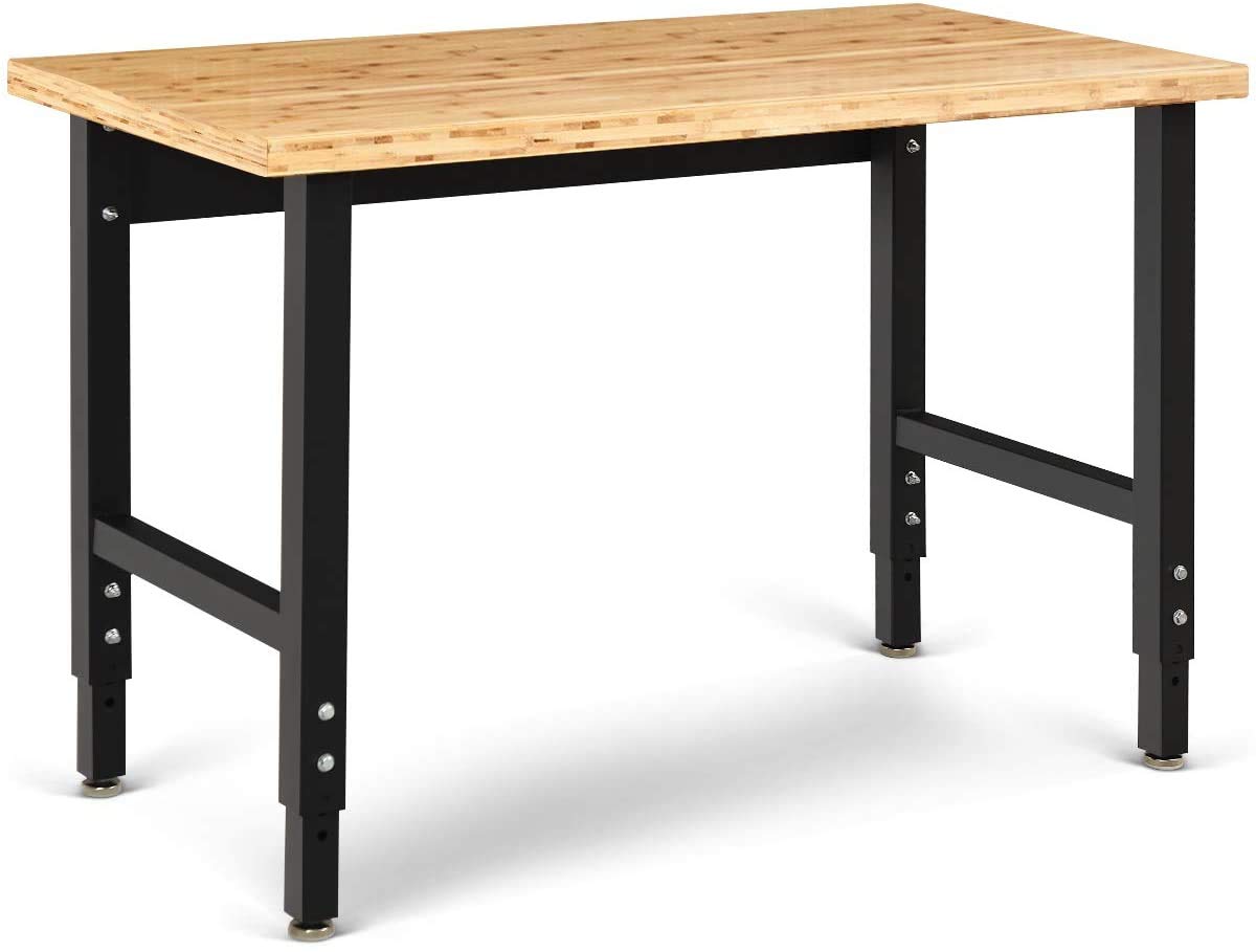 Moccha 48" Adjustable Work Bench, Work Table w/Heavy-Duty Bamboo Wood Top, Hardwood Workshop Garage Workstation, Height Adjustable Computer Desk,