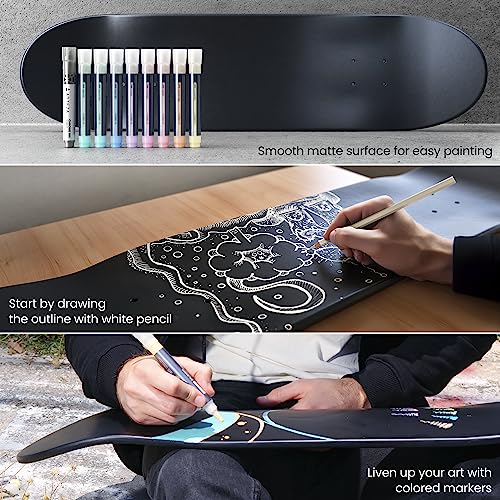 ARTEZA Customizable Skateboard Deck Art Kit – 31"x8" Matte Coated Maple Deck with Display Mount, Chrome Marker, White Pencil, Oil-Based Paint Markers - WoodArtSupply