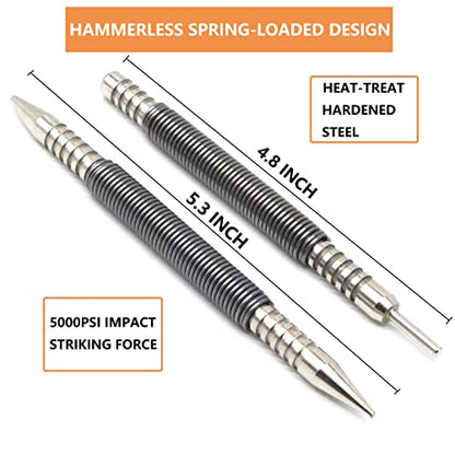 WHLLING 2-Piece Dual Head Nail Setter and Hinge Pin Punch Set, Hammerless 1/32″& 1/16″Spring Nail Set, 5000 PSI Striking Force Door Pin Removal Tool