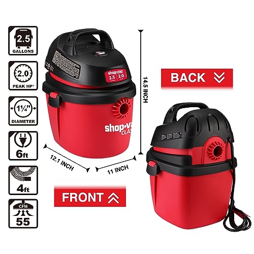 Shop-Vac 2.5 Gallon 2.0 Peak HP Wet/Dry Vacuum, Portable Compact Shop Vacuum with Top Handle, Wall Bracket & Attachments Shop-Vac