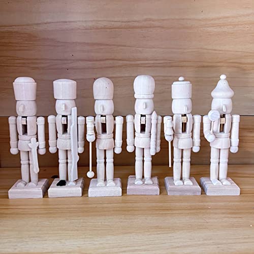 AURONUT DIY Wooden Christmas Nutcrackers, 6 pcs Unfinished Coloring Christmas Nutcracker Ornaments, Unpainted Puppet Walnut Soldier with Paint &