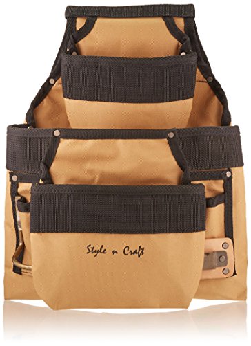 Style n Craft 9-Pocket Carpenter’s Nail and Tool Pouch, Heavy-Duty 600D Polyester Tool Pouch with Metal Hammer Holder and Metal Tape Clip, Khaki and - WoodArtSupply