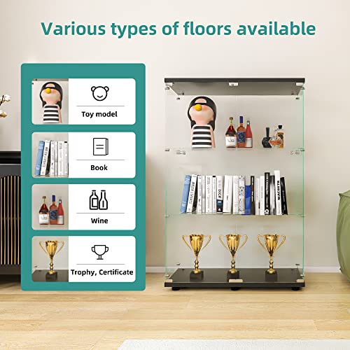 LFT HUIMEI2Y 3-Shelf Tempered Glass Display Cabinet with Double Doors - Quick Install Black Curio Storage LFT HUIMEI2Y
