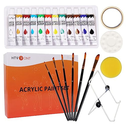 HTVRONT Acrylic Paint kit, Painting Kit for Kids, with 6 Paint Brushes & 4 Canvases, 12 Colors (12ml, 0.4oz), Table Easel, Paints Gifts for Kids,