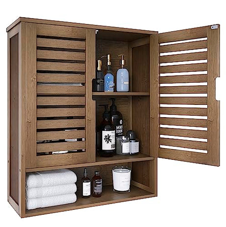 SMIBUY Bathroom Cabinet Wall Mounted, Bamboo Over-The-Toilet Storage Organizer, Space Saver Medicine Cabinet with 2 Door and Adjustable Shelves SMIBUY