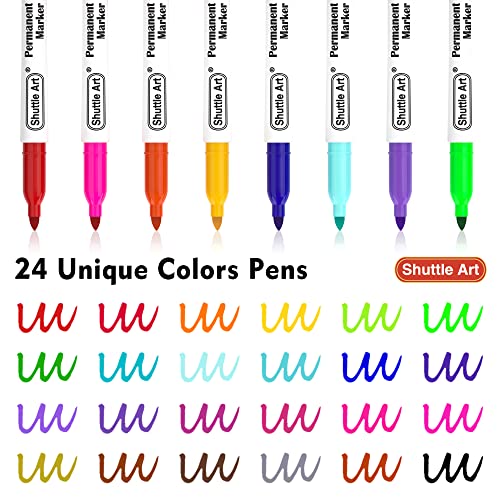 Shuttle Art Permanent Markers, 24 Colors Fine Point Assorted Colors Permanent Marker Set, Works on Plastic,Wood,Stone,Metal and Glass for Doodling,