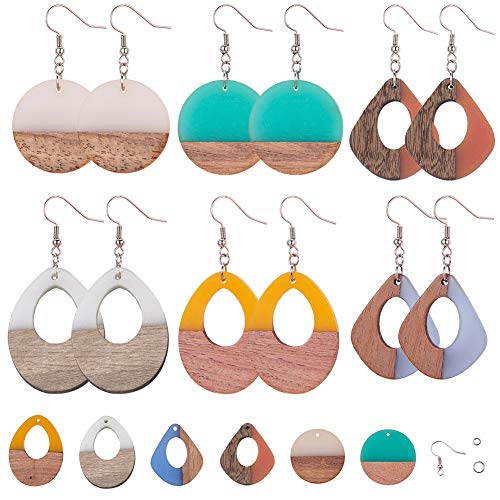 SUNNYCLUE 1 Bag 64Pcs 6 Colors Resin Wood Dangle Drop Earring Making Starter Kit Lightweight Round Drop Resin Wooden Pendant Charms Jewelry Making