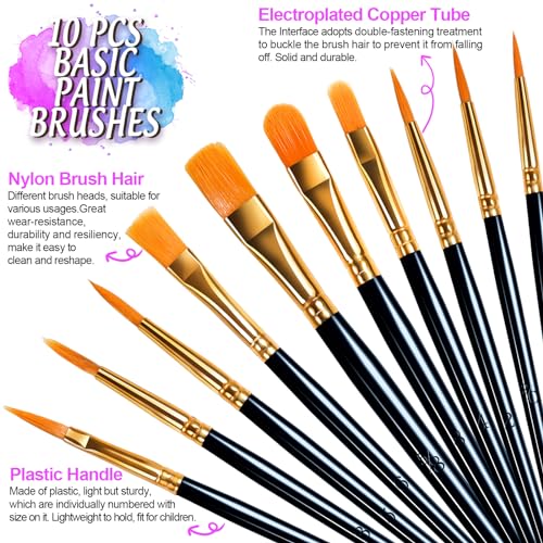 FANDAMEI Round Paint Tray Palettes and Paint Brushes Set, Paintbrushes, 3 PCS Plastic Paint Palettes Pallets, 10 PCS Acrylic Paint Brushes, Nylon Fandamei