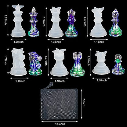 Chess Resin Silicone Mold, Upgrade 3D 16 Pieces Chess Mold Kit for Resin Casting Full Size with Storage Bag, Chess Epoxy Molds for Kid Adult Family