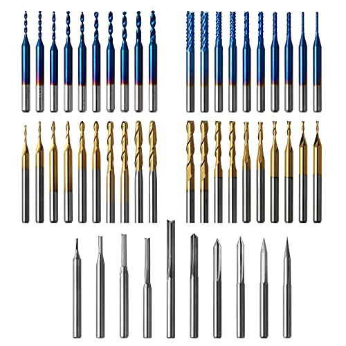 Genmitsu 50pcs Tungsten Carbide End Mill Router Bits, 1/8'' Shank CNC Bit Set Including 2-Flute Straight Bit, Flat Nose & Ball Nose End Mill, PCB - WoodArtSupply