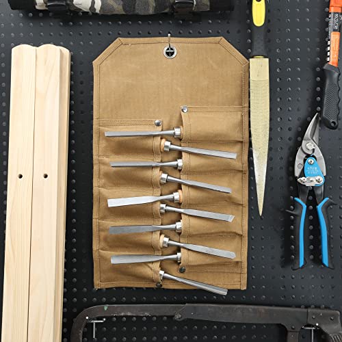 Heavy Duty Waxed Canvas Small Tool Bag Tool Pouch for Chisels, Hammers, Gouges Palm Tools (Khaki)