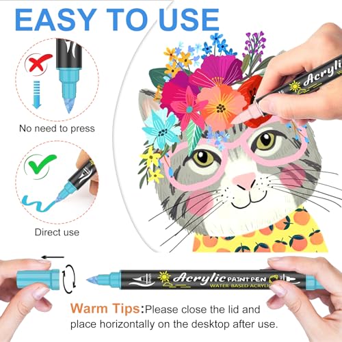  EscriWise 48 Colors Dual Tip Acrylic Paint Pens Set-Permanent  Acrylic Paint Markers with Brush and Fine Tip, Water Based Art Paint Pens  for Rock Painting Canvas Wood Fabric Glass DIY Craft 