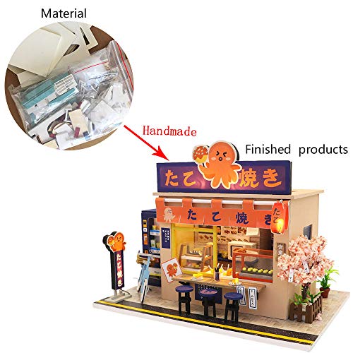 WYD Star Octopus Burning Japanese Style Takoyaki Shop Mini Doll House Kit Assembled LED Light Model Wind and Gift with Dust Cover and Music