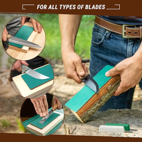 BeaverCraft Leather Strop Kit for Knife Sharpening Carving Knife Strop with Green-Gray & White Polishing Compound - Leather Sharpening Strop 2-sided BeaverCraft