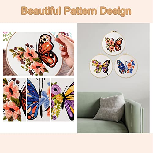 Anidaroel 3 Sets Butterfly Flower Pattern Embroidery Starter Kit for Beginners, Stamped Cross Stitch Kits for Beginners Adults Include Embroidery Anidaroel