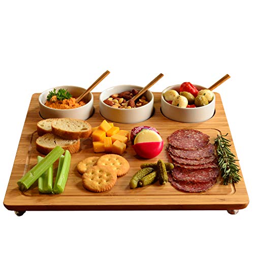 Picnic at Ascot Original Personalized Monogrammed Engraved Bamboo Cutting Board for Cheese & Charcuterie with 3 Ceramic Bowls & Bamboo Spoons- Picnic at Ascot