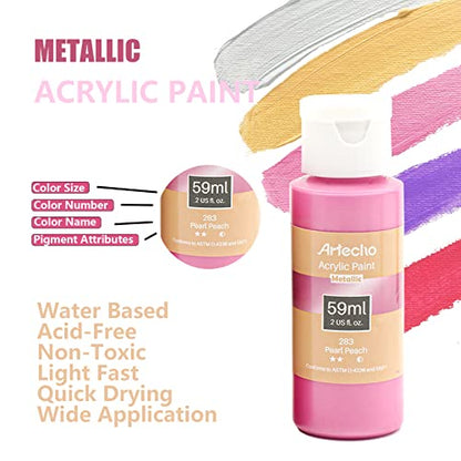 Artecho Metallic Acrylic Paint, 12 Colors Bottles (59ml / 2oz) Art Craft Paints for Canvas, Rock, Stone, Wood, Fabric, Art Supplies for Artists, - WoodArtSupply