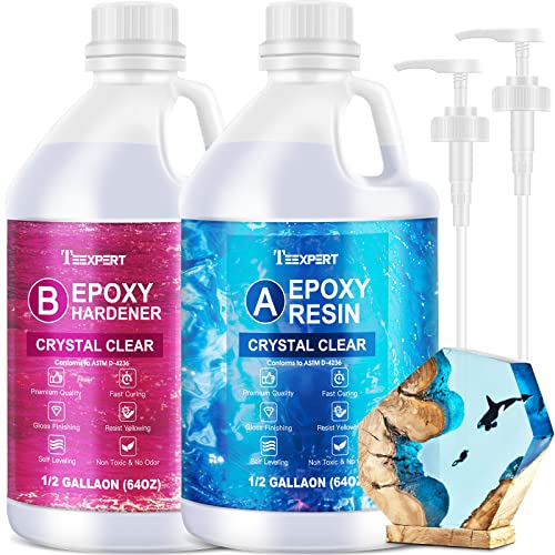 Teexpert Crystal Clear Epoxy Resin Kit 1 Gallon Self-Leveling Coating and Casting Resin, High-Gloss & Bubbles Free Resin and Hardener Kit for DIY Teexpert