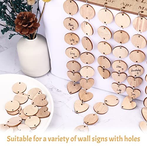 KOYILTD 200 Pieces in Total Wooden Circles Wooden Heart Tags with Holes,Wood Craft Set with Holes and Ring Clips for Birthday Board, Valentine, Chore