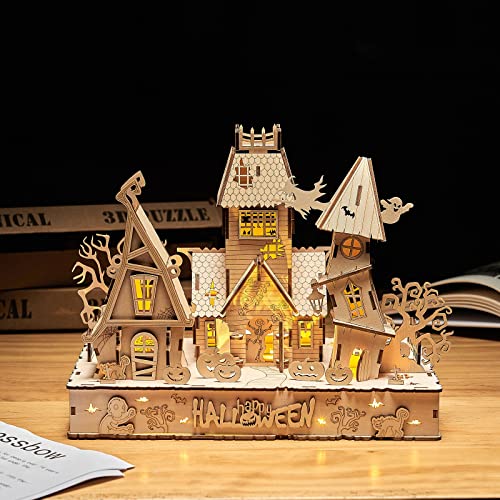 bennama 3D Wooden Puzzles Halloween House Kits Includes Light Strip, Brainteaser and Puzzle for Halloween/Birthday,Gifts for Adults and Teens to bennama