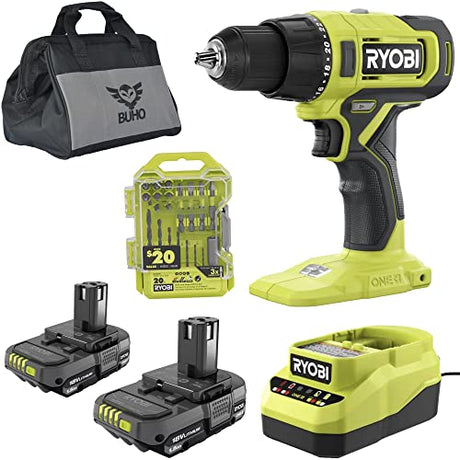 Cordless 1/2 inch Power Drill Driver Bundle with Ryobi Drill, (2) 18-Volt Batteries, Charger, 20 Piece Multipurpose Drill Bit Set and Buho Tool Bag Buho