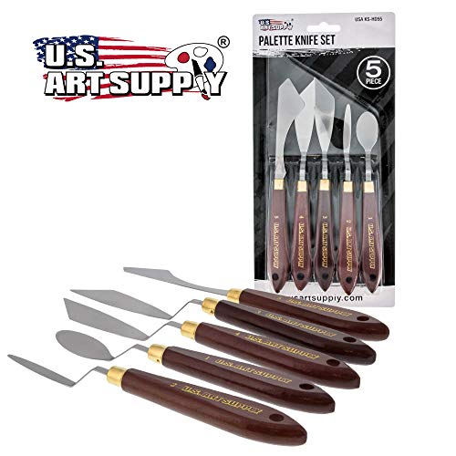 U.S. Art Supply 5-Piece Artist Stainless Steel Palette Knife Set - Wood Hande Flexible Spatula Painting Knives for Color Mixing Spreading, Applying - WoodArtSupply