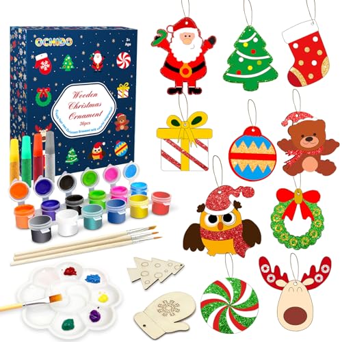 OCHIDO 36 Pcs Wooden Christmas Ornaments for Hanging Decorations,12 Styles Unfinished Wooden Slices with Holes for Paintable Crafts,Kid DIY Craft OCHIDO