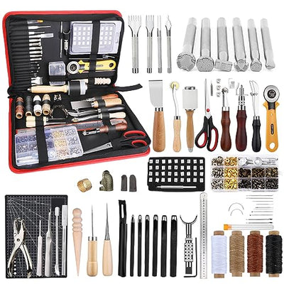 TLKKUE Leather Working Kit, Leather Working Tools for Beginners, Leather Crafting Tools and Supplies with Storage Bag Sewing Carving Punching Cutting